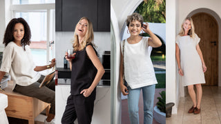 Four different women in various settings wearing linen tops, linen pants and linen dresses respectively, all handmade in South Africa.