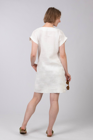 DE TIAMO Ava Linen Dress in white — full length back view showing relaxed unstructured silhouette