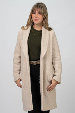 DE TIAMO Boiled Wool Shawl Coat in bone — close-up view showing shawl collar and wool texture