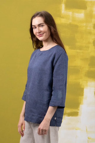 DE TIAMO Cleo Linen Top in denim — front view, cool blue linen colourway with relaxed everyday fit