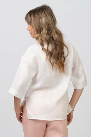 DE TIAMO Della Button Up Top in white — back view showing smart casual linen styling