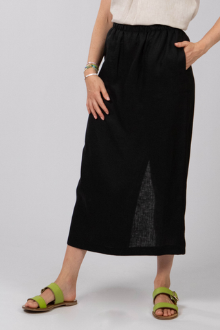 DE TIAMO Eva Linen Pull-On Skirt in black — front view, versatile everyday linen pull-on skirt