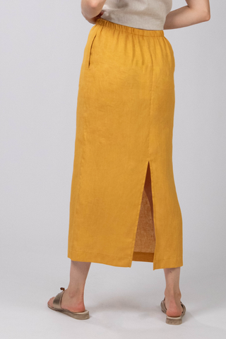 DE TIAMO Eva Linen Pull-On Skirt in turmeric — back view, warm vibrant seasonal linen colourway