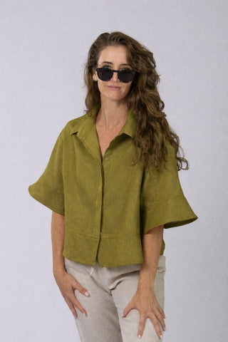 DE TIAMO Iris Linen Top in olive green — front view, earthy toned 100% natural linen shirt top