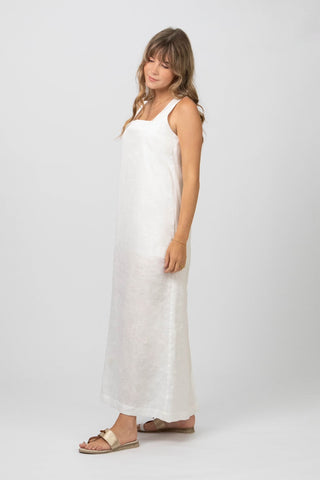 DE TIAMO Isabella Square Neck Maxi Dress in white — front view, 100% natural linen, handcrafted in KwaZulu-Natal