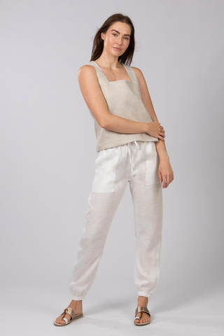 DE TIAMO Isabella Square Neck Linen Top in natural — full length view styled with linen pants
