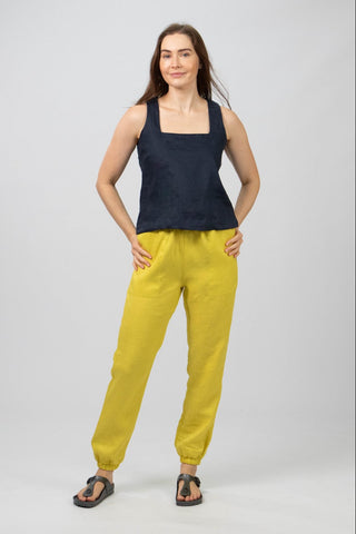 DE TIAMO Keri Linen Jogger in chartreuse — front view, bold bright linen summer jogger pants