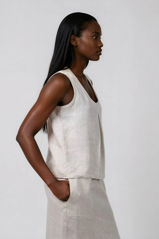 DE TIAMO Lia Linen Tank Top — lifestyle shot showing relaxed fit styled with linen separates