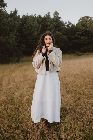 DE TIAMO Matilda Boiled Wool Jacket in bone — full-length front view on model