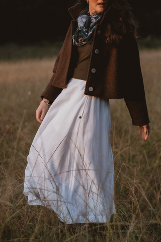 DE TIAMO Matilda Boiled Wool Jacket in chocolate — front view showing structured collar for winter layering