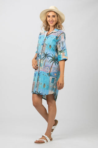DE TIAMO Midi Breeze Dress in Mediterranean cotton print — front view, shirt-waist midi in printed cotton fabric
