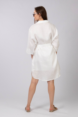 DE TIAMO Midi Breeze Dress in white — full length back view showing flattering mid-length linen cut