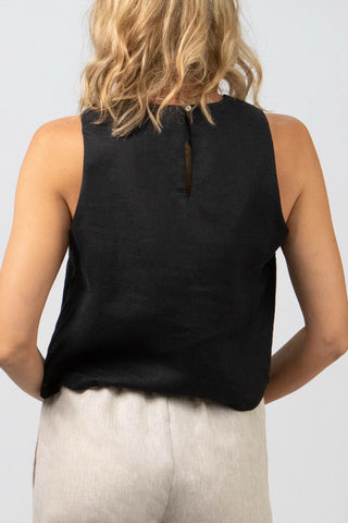 DE TIAMO Mila Linen Cami in black — back view, versatile layering essential in 100% natural linen