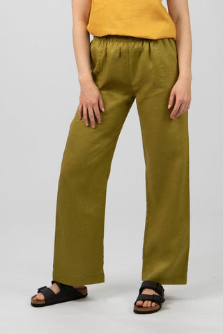 DE TIAMO P-1 Wide-Leg Linen Pants in olive green — front view, earthy wide-leg linen pants