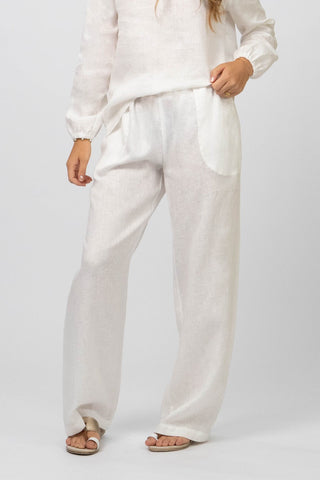 DE TIAMO P-1 Wide-Leg Linen Pants in white — front view showing minimalist silhouette and elasticated waist