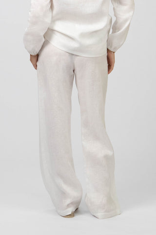DE TIAMO P-1 Wide-Leg Linen Pants in white — full length view showing relaxed wide-leg 100% linen silhouette