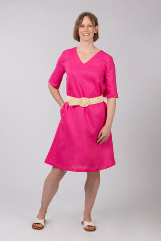 DE TIAMO Paige Linen Dress in cerise — front shot showing drape of natural linen fabric