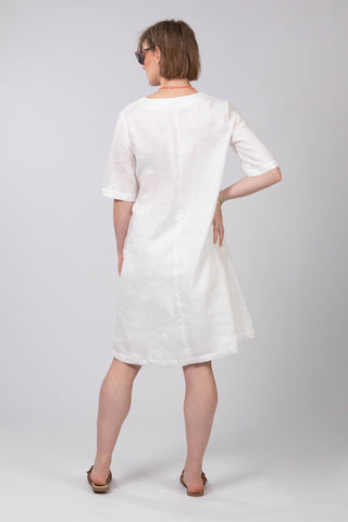 DE TIAMO Paige Linen Dress in white — back view, sophisticated premium linen occasion dress