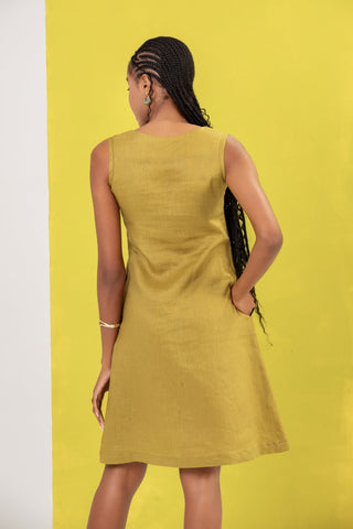 DE TIAMO Salt Dress in olive green — back view showing relaxed silhouette and natural linen fabric drape