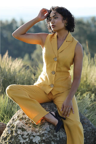 DE TIAMO Tia Linen Waistcoat styled with Georgie Linen Pants — complete elevated linen outfit