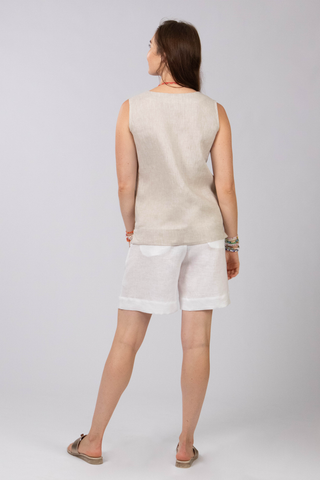 DE TIAMO Zina V-Neck Linen Tank Top in natural — back view showing clean natural linen construction