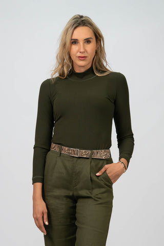DE TIAMO Zoe Bamboo Long Sleeve Polo Neck in khaki— front view showing slim ribbed polo neck detail