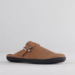 Froggie Women's Barefoot Clog with Removable Footbed in taupe — angled side view showing clog shape