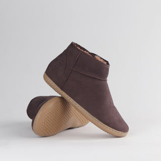 New Alt Text
Froggie Barefoot Sheepskin Boot in chocolate brown — pair shown together, sheepskin-lined ankle boot
