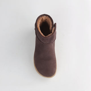 Froggie Barefoot Sheepskin Boot in chocolate brown — top angle view showing sheepskin lining and barefoot sole