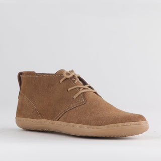 Froggie Barefoot Vellie in taupe — angled view showing lace-up front