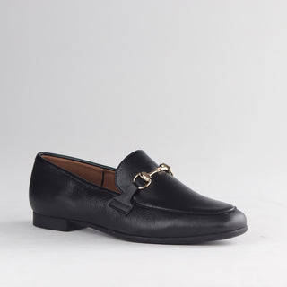 Froggie Closed Loafer with Gold Trim in black — angled side view showing loafer silhouette