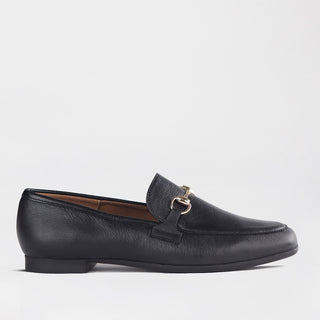 Froggie Closed Loafer with Gold Trim in black — side view showing gold trim detail