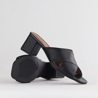 Froggie Crisscross Block Heel Mule Sandal in black — pair shown together
