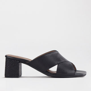 Froggie Crisscross Block Heel Mule Sandal in black — side view showing crisscross strap detail