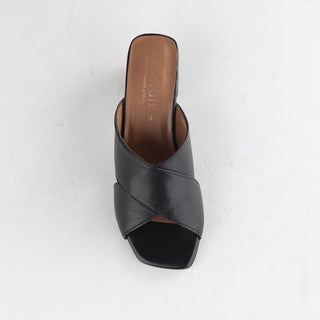 Froggie Crisscross Block Heel Mule Sandal in black — top angle view showing crisscross straps