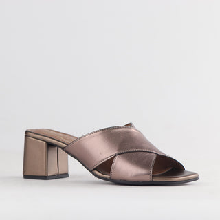 Froggie Crisscross Block Heel Mule Sandal in lead — angled side view showing block heel
