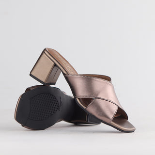 Froggie Crisscross Block Heel Mule Sandal in lead — pair shown together