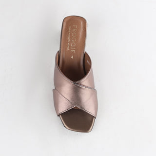 Froggie Crisscross Block Heel Mule Sandal in lead — top angle view showing crisscross straps