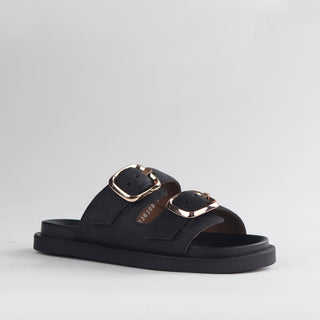 Froggie Double Buckle Slide in black — angled side view showing flat slide silhouette