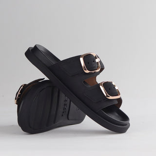 Froggie Double Buckle Slide in black — pair shown together