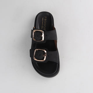 Froggie Double Buckle Slide in black — top angle view showing buckle placement
