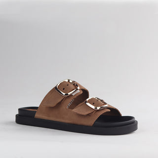 Froggie Double Buckle Slide in tobacco — angled side view showing flat slide silhouette