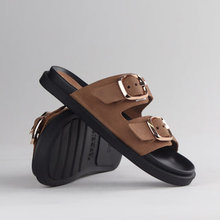 Froggie Double Buckle Slide in tobacco — pair shown together