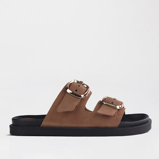 Froggie Double Buckle Slide in tobacco — side view showing double buckle strap detail