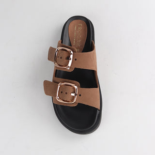 Froggie Double Buckle Slide in tobacco — top angle view showing buckle placement