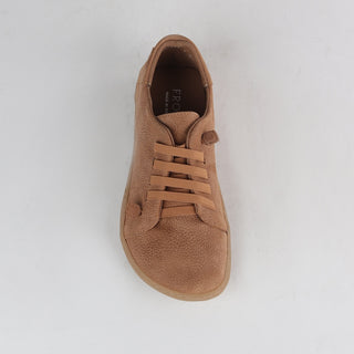 Froggie Elasticated Lace Barefoot Shoe in tobacco — top angle view showing lace-up front