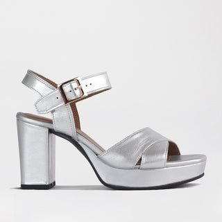 Froggie High Heel Platform Sandal in silver — side view showing platform heel height