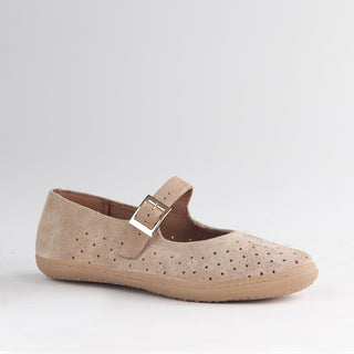 Froggie Mary Jane Barefoot Shoe in beige — angled side view showing strap and sole