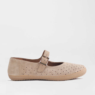 Froggie Mary Jane Barefoot Shoe in beige — side view showing zero-drop barefoot sole