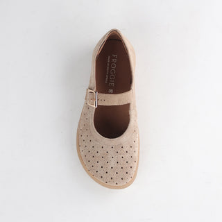 Froggie Mary Jane Barefoot Shoe in beige — top angle view showing rounded toe shape
